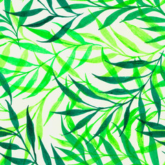 Tropical plants of light green and dark green colors drawn on a light gray color