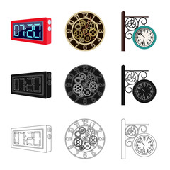 Vector illustration of clock and time icon. Set of clock and circle vector icon for stock.