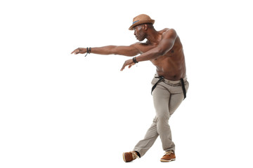 Stylish elegant black male dancer isolated on white background.