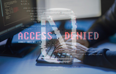 cybercrime, hacking and technology concept - hands of hacker with access denied message writing...