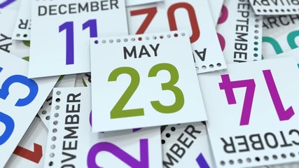 May 23 date on calendar leaf among other leaves, 3D animation