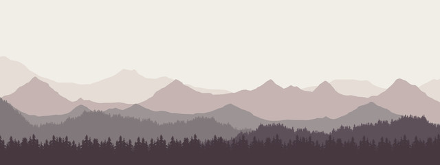 Widescreen realistic illustration of mountain landscape with forest and hills under retro gray sky and fog, vector suitable as banner
