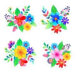 Set of colorful watercolor floral bouquets. Hand-drawn illustration.