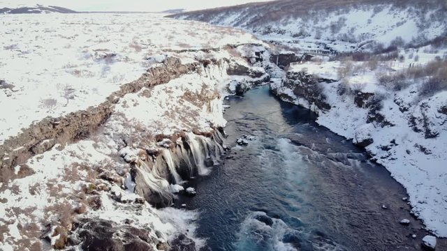 Aerial view of Hraunfossar waterfall in western Iceland