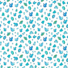 Hand painted watercolor crystals seamless pattern isolated on white background.