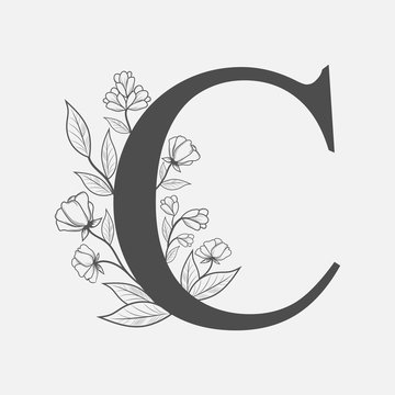 Uppercase Letter C with flowers and branches. Vector flowered monogram or logo. Hand Drawn concept. Botanical design branding. Composition of letter and flowers for wedding card, invitations, brand