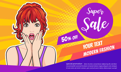 surprised woman face with open mouth with sale promotion poster