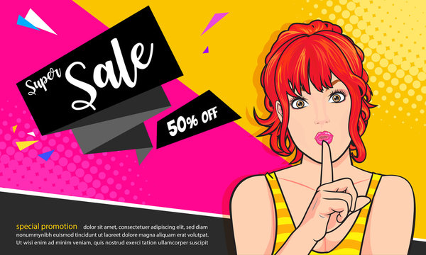 woman hand up with finger on lips with sale promotion poster