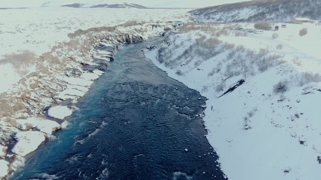 Aerial view of Hraunfossar waterfall in western Iceland