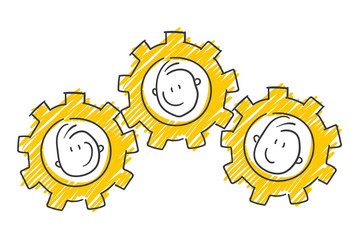 Strichfiguren / Strichmännchen: Zahnräder, Teamwork, Getriebe. (Nr. 381)