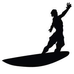 A silhouette of a man on the surfboard, white background