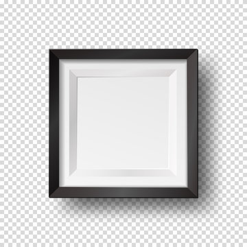 Vector realistic square empty picture frame. Mockup template with black frame boarder isolated on transparent background.