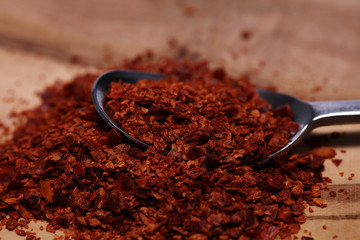 Rotes Chili Chilipulver auf einem Löffel