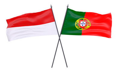 Indonesia and Portugal, two crossed flags isolated on white background. 3d image