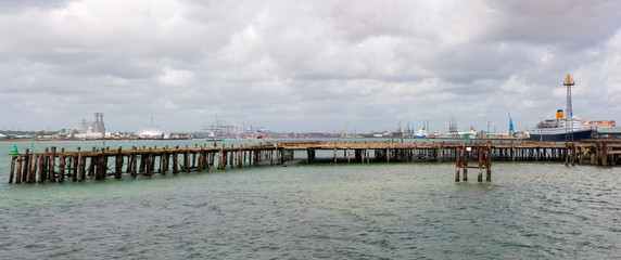 Long wooden pier at the port of Southampton, England