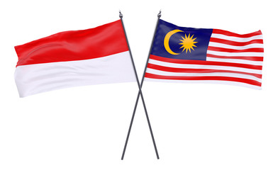 Indonesia and Malaysia, two crossed flags isolated on white background. 3d image
