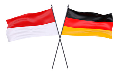 Indonesia and Germany, two crossed flags isolated on white background. 3d image