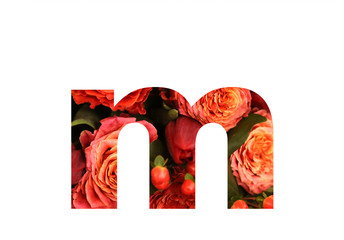 Floral font letter M from a real red-orange rose for bright design. Stylish font of flowers for conceptual ideas.