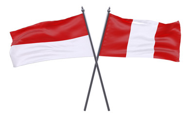 Indonesia and Peru, two crossed flags isolated on white background. 3d image