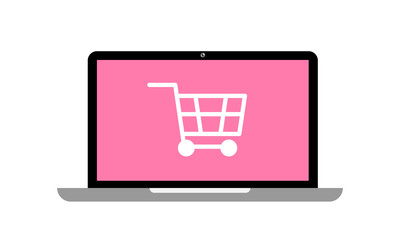 Online shopping concept laptop and shopping cart on screen. Vector illustration.