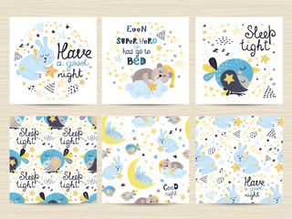 Set of seamless patterns and cards for small boys