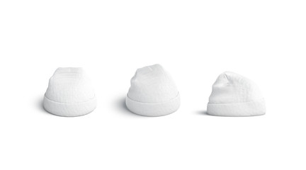 White beanie mock up set, side front and back view, isolated, 3d rendering. Empty knitted wear sport hat mockup. Clear casual cap for autumn or winter. Blank of textile fashion clothing template.