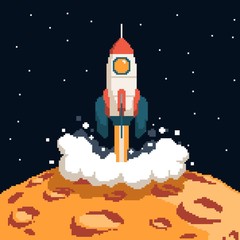 Pixel art rocket taking off from the surface of the moon