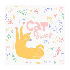 cat doodle with houseplants and objects