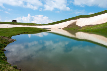 Mestia, Georgia - Jun 25 2018: Hiking trail leading from Mestia to Koruldi lakes. a famous landscape in Mestia, Samegrelo-Zemo Svaneti, Georgia.