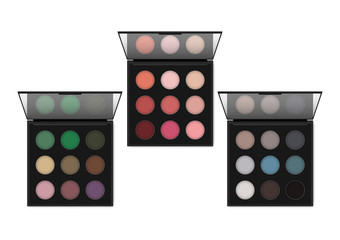 Make-up eyeshadow palette, realistic illustration. Makeup container set. Open color eye shadow kit case with mirror, vector template - obrazy, fototapety, plakaty