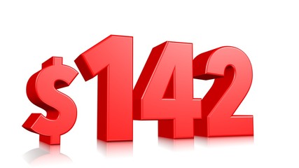 142$ One hundred forty two price symbol. red text 3d  render with dollar sign on white background