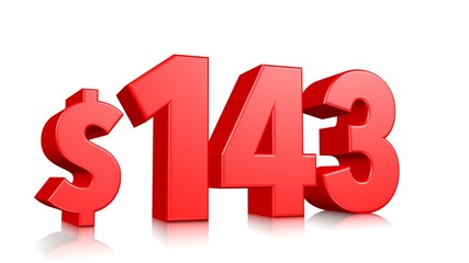 143$ One hundred forty three price symbol. red text 3d  render with dollar sign on white background