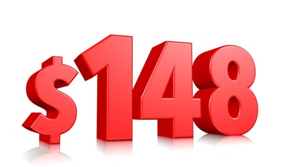 148$ One hundred forty-eight price symbol. red text 3d  render with dollar sign on white background