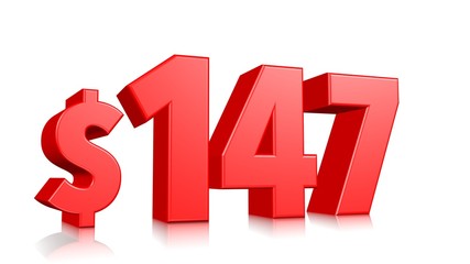 147$ One hundred forty seven price symbol. red text 3d  render with dollar sign on white background