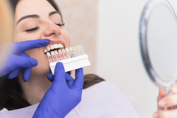 Dentist checking teeth colour