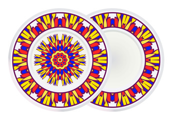 Set of two Simple Round Floral Mandala, Ethno Motive. Bright Ornament Consists Of Simple Shapes. Vector Illustration.. For Home Decor, Coloring Book, Greeting Card, Invitation, Tattoo.