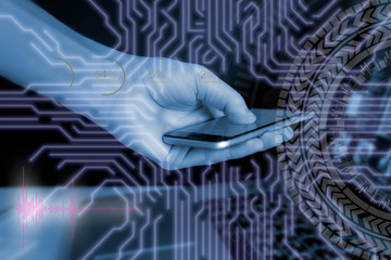 Fototapeta premium businessmans hand use tech futuristic gadgets close up b