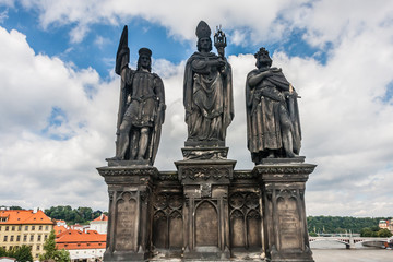 Fototapeta na wymiar Statues of Saints Norbert, Wenceslaus and Sigismund, Charles Bridge, Prague