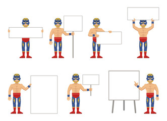 Set of luchador characters posing with different blank banners. Cheerful wrestler with paper, poster, placard, pointing to whiteboard. Teach, advertise, promote. Flat style vector illustration