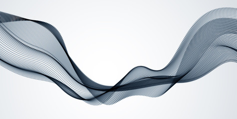 3d particles mesh array, sound wave flowing. Round points vector effect illustration. Blended mesh, future technology relaxing wallpaper.