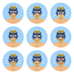 Set of lucha libre wrestler emoticons. Luchador avatars showing different emotions. Happy, smile, sad, cry, angry, surprised, upset, laugh and other facial expressions. Flat vector illustration