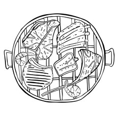 Barbecue with steaks and grilled  food. Outline vector hand drawn sketch illustration isolated black on white background