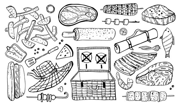 Picnic and barbecue objects set. Outline hand drawn vector sketch illustration isolated black on white background