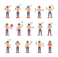 Set of luchador characters showing different actions, gestures, emotions. Cheerful wrestler talking on phone, holding stop sign, document, book and doing other actions. Simple vector illustration