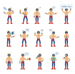 Set of luchador characters showing different actions, gestures, emotions. Cheerful wrestler singing, sleeping, holding loudspeaker, banner, map and doing other actions. Simple vector illustration