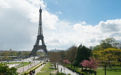 view of Eiffel Tower from Trocadero against a cloudy sky