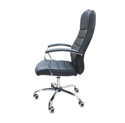 The profile view of office chair from black leather. Isolated