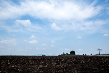 Plowed field in spring time with blue sky. Plowed ground, with brown stones and loose soil . Tractor plowing farm field in preparation for spring planting. Agriculture field ready for sowing seed.