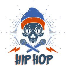 Hip Hop music vector logo or label with wicked skull and two microphones crossed like crossbones, Rap rhymes night club party festival or concert emblem, t-shirt print.