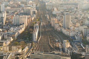 Top view of Paris skyline from above timelapse. Main landmarks of european megapolis with train...